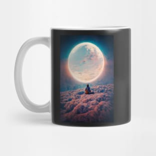 Astronaut sitting on clouds in front of moon Mug